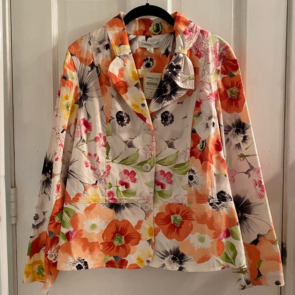 Coldwater Creek Floral Button Up Stretch Cotton Long Sleeve Blazer Jacket